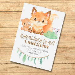 Pozvánka na oslavu narozenin lesní zvířata s liškou